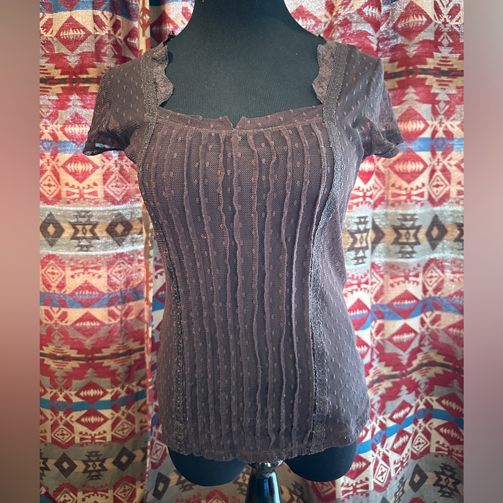 Brown I.N.C. Sheer Lace Renaissance Style Short Sleeve Top with Cami Size Small